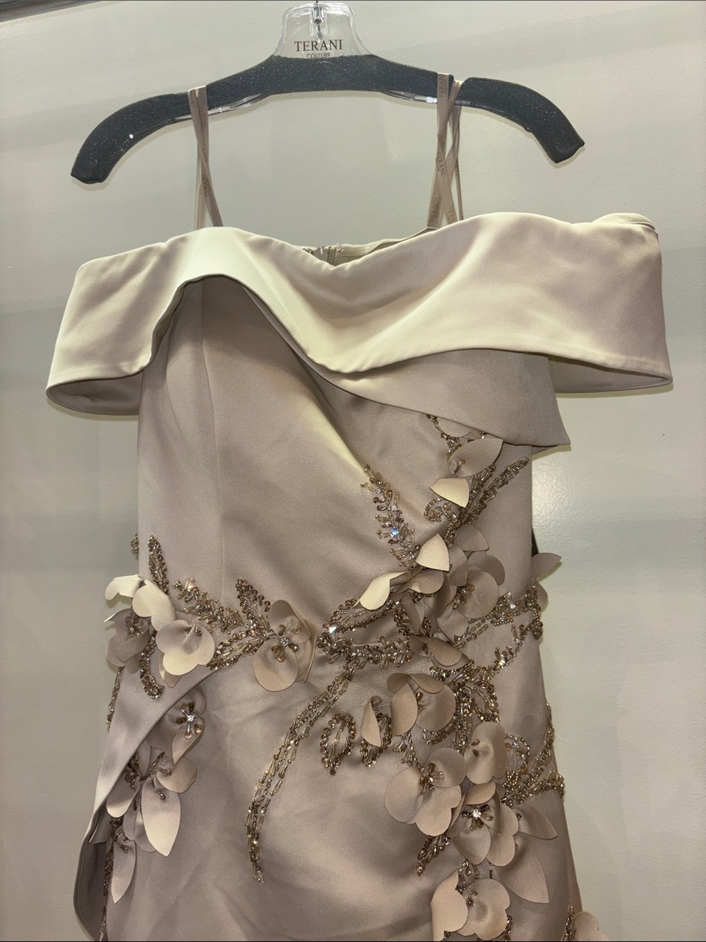 Terani Couture 5317 Taupe Off-Shoulder Evening Gown with Floral Appliqué - Picture 4 of 11